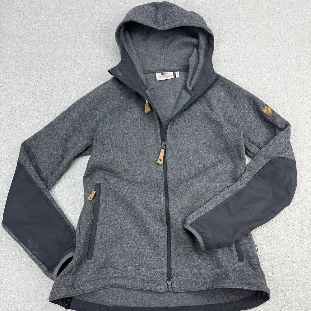 Fjallraven Women's Gray Full-Zip Hooded Fleece Jacket with Elbow Patches